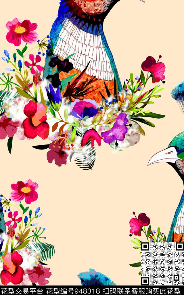 彩底花卉鸟数码华亿平台数码印花华亿平台下载（图片编号: 948318） - 瓦栏（Walan）