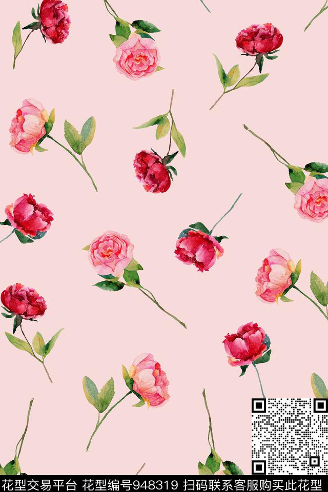 手绘玫瑰雪纺素雅数码印花华亿平台下载（图片编号: 948319） - 瓦栏（Walan）