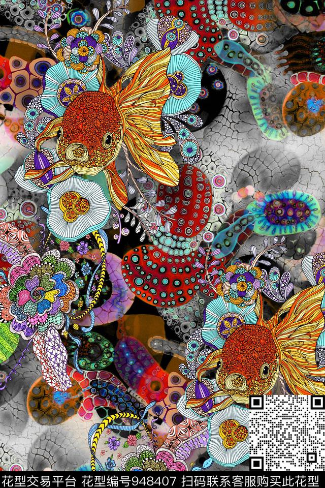 肌理抽象鱼数码印花华亿平台下载（图片编号: 948407） - 瓦栏（Walan）