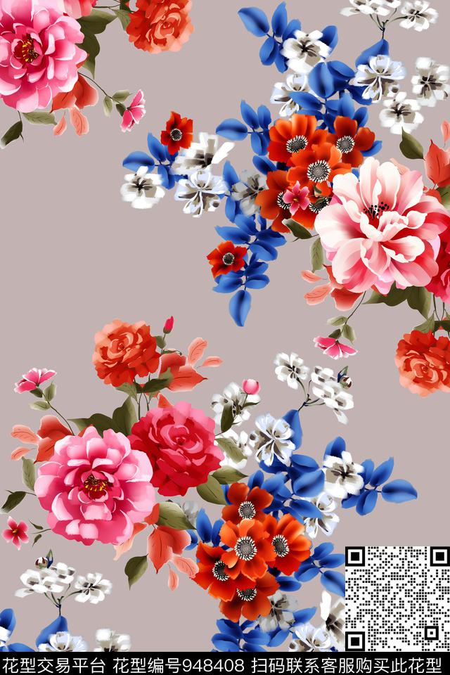 牡丹花卉写实数码印花华亿平台下载（图片编号: 948408） - 瓦栏（Walan）