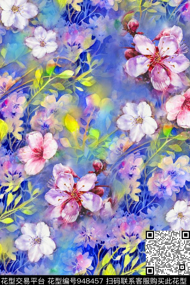 花卉桃花水彩花卉数码印花华亿平台下载（图片编号: 948457） - 瓦栏（Walan）