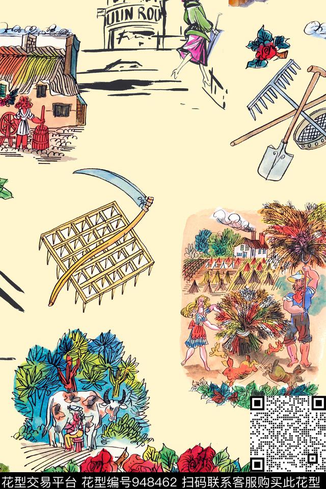 趣味水彩花卉风景景观数码印花华亿平台下载（图片编号: 948462） - 瓦栏（Walan）