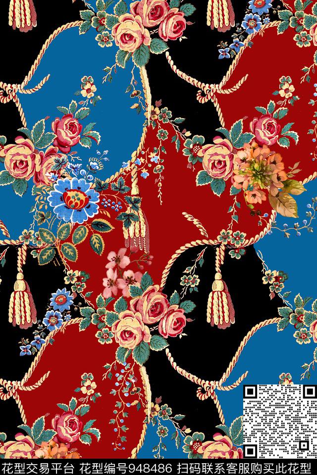 花卉几何混合拼接数码印花华亿平台下载（图片编号: 948486） - 瓦栏（Walan）