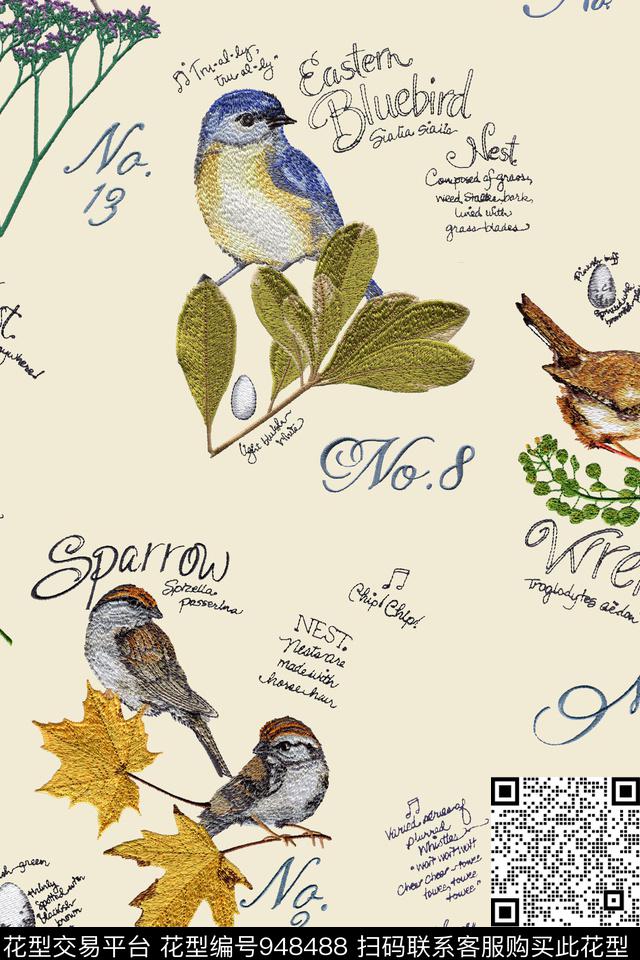 趣味花鸟绣花华亿平台数码印花华亿平台下载（图片编号: 948488） - 瓦栏（Walan）