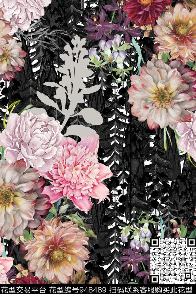 黑底花卉数码华亿平台花卉数码印花华亿平台下载（图片编号: 948489） - 瓦栏（Walan）
