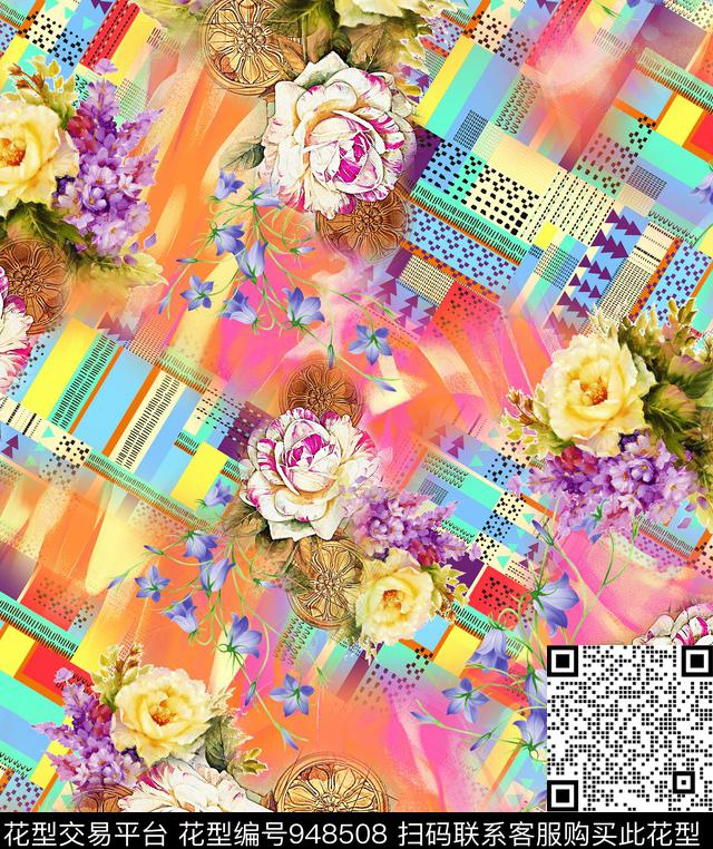 格子花卉几何数码印花华亿平台下载（图片编号: 948508） - 瓦栏（Walan）