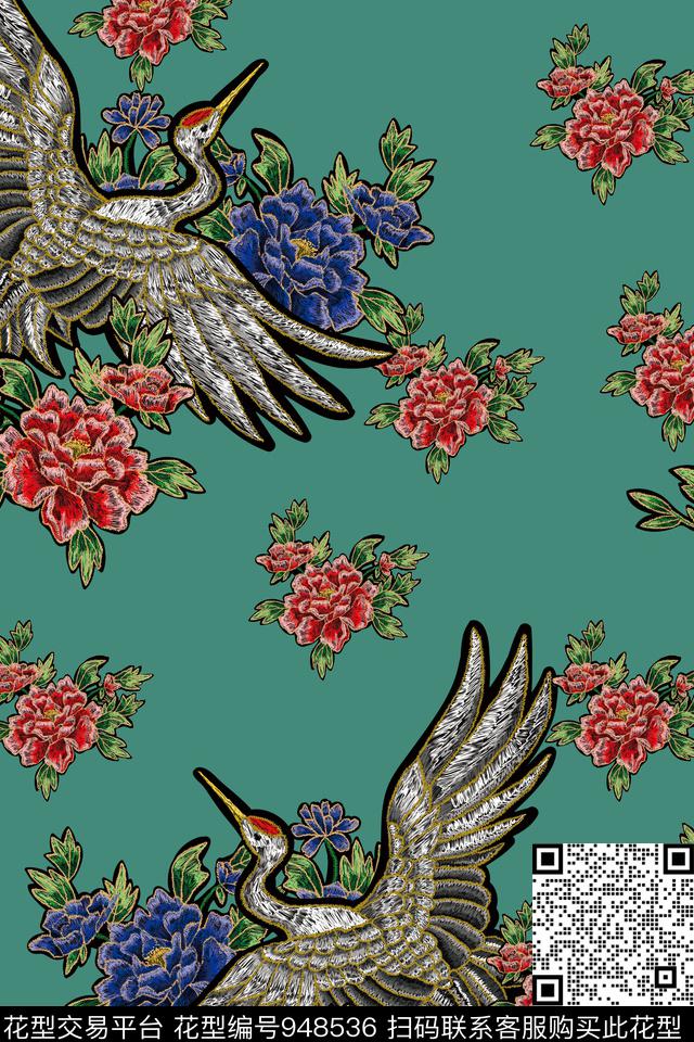 仙鹤旗袍大牌风数码印花华亿平台下载（图片编号: 948536） - 瓦栏（Walan）