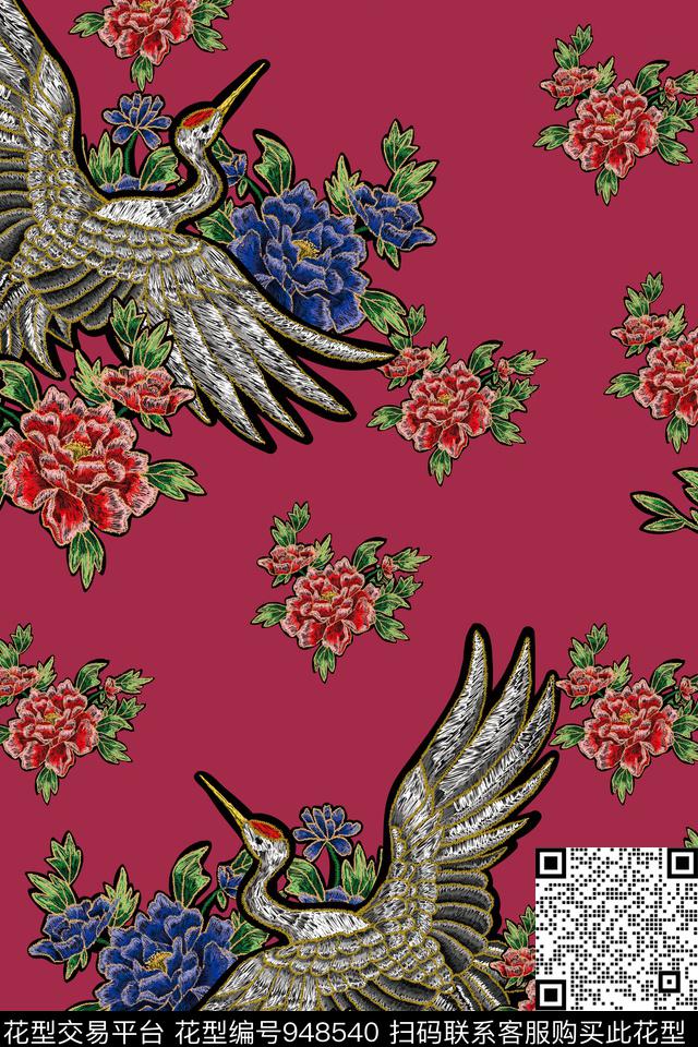 仙鹤旗袍大牌风数码印花华亿平台下载（图片编号: 948540） - 瓦栏（Walan）