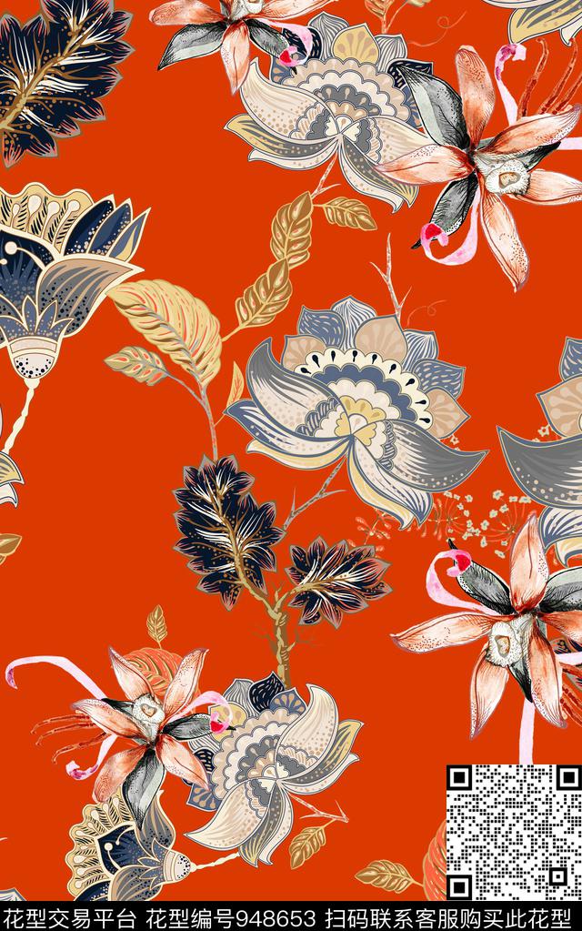 民族风花卉几何数码印花华亿平台下载（图片编号: 948653） - 瓦栏（Walan）