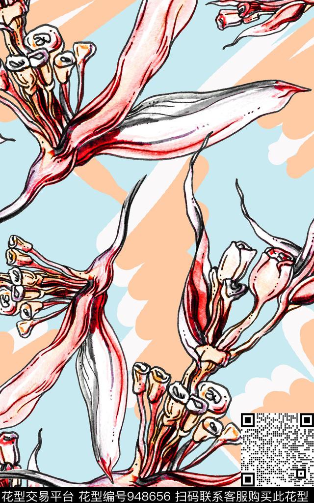 水彩花卉花卉笔触数码印花华亿平台下载（图片编号: 948656） - 瓦栏（Walan）