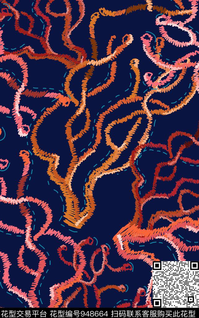 线条花卉花卉绣花华亿平台数码印花华亿平台下载（图片编号: 948664） - 瓦栏（Walan）