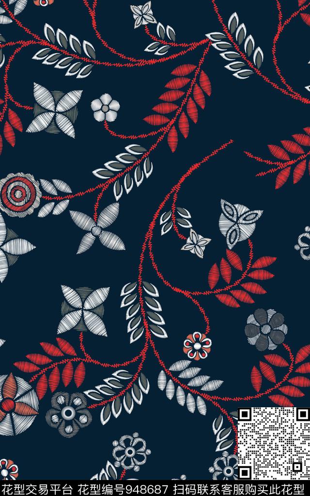 线条花卉花卉绣花华亿平台数码印花华亿平台下载（图片编号: 948687） - 瓦栏（Walan）