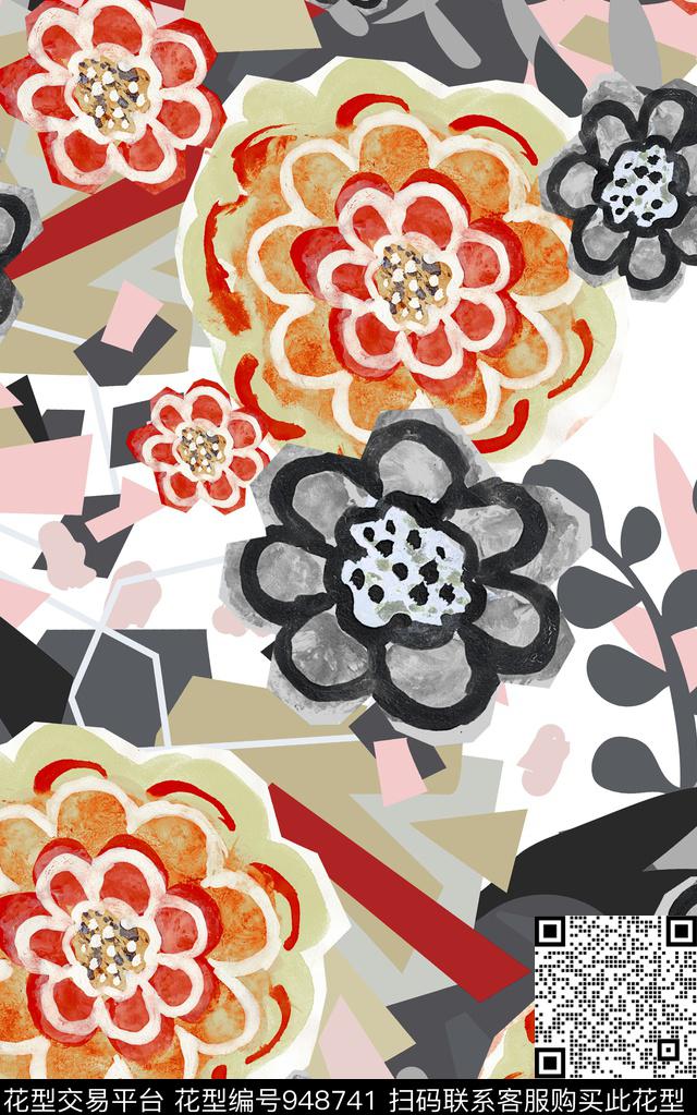 几何混合拼接几何花卉数码印花华亿平台下载（图片编号: 948741） - 瓦栏（Walan）