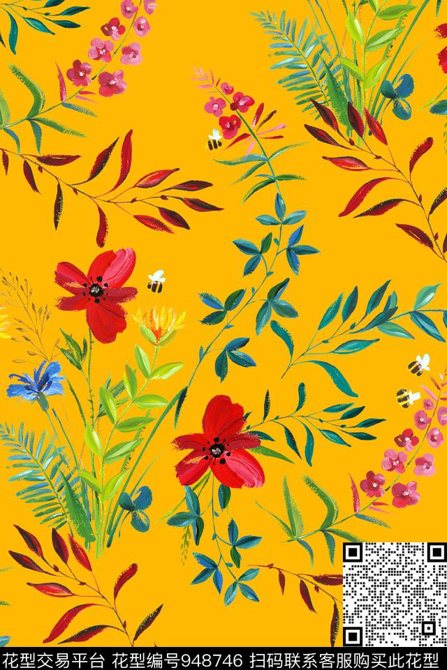 花卉植物手绘肌理田园植物传统印花华亿平台下载（图片编号: 948746） - 瓦栏（Walan）