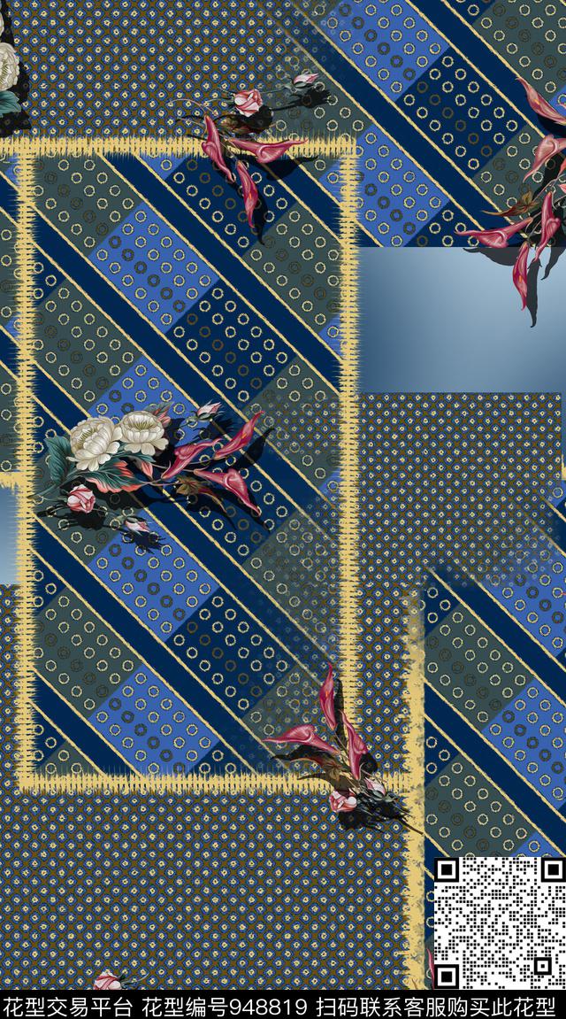 肌理线条手绘花卉数码印花华亿平台下载（图片编号: 948819） - 瓦栏（Walan）