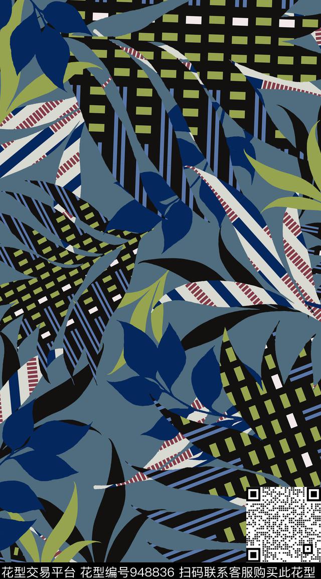 条纹线条绿植树叶数码印花华亿平台下载（图片编号: 948836） - 瓦栏（Walan）
