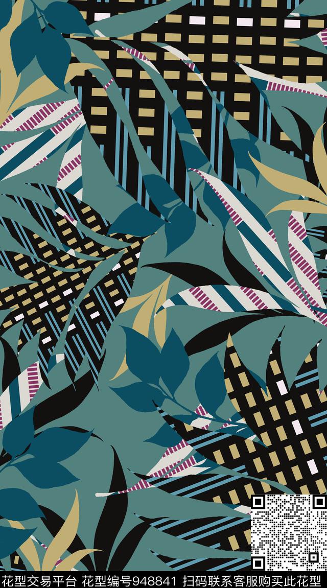 条纹线条绿植树叶数码印花华亿平台下载（图片编号: 948841） - 瓦栏（Walan）