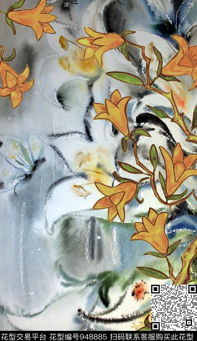 花卉定位花水墨风数码印花华亿平台下载（图片编号: 948885） - 瓦栏（Walan）