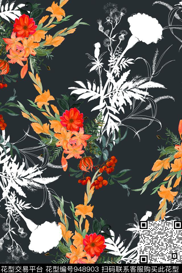 花卉剪影手绘花卉数码印花华亿平台下载（图片编号: 948903） - 瓦栏（Walan）