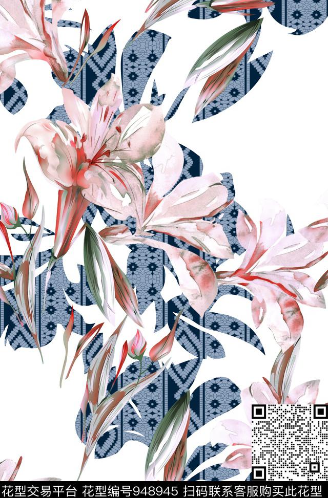 素雅春夏华亿平台几何带花数码印花华亿平台下载（图片编号: 948945） - 瓦栏（Walan）