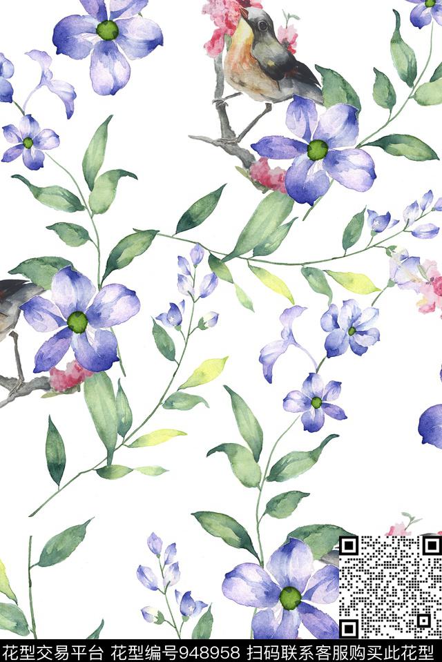 花卉清爽底花卉手绘花卉数码印花华亿平台下载（图片编号: 948958） - 瓦栏（Walan）
