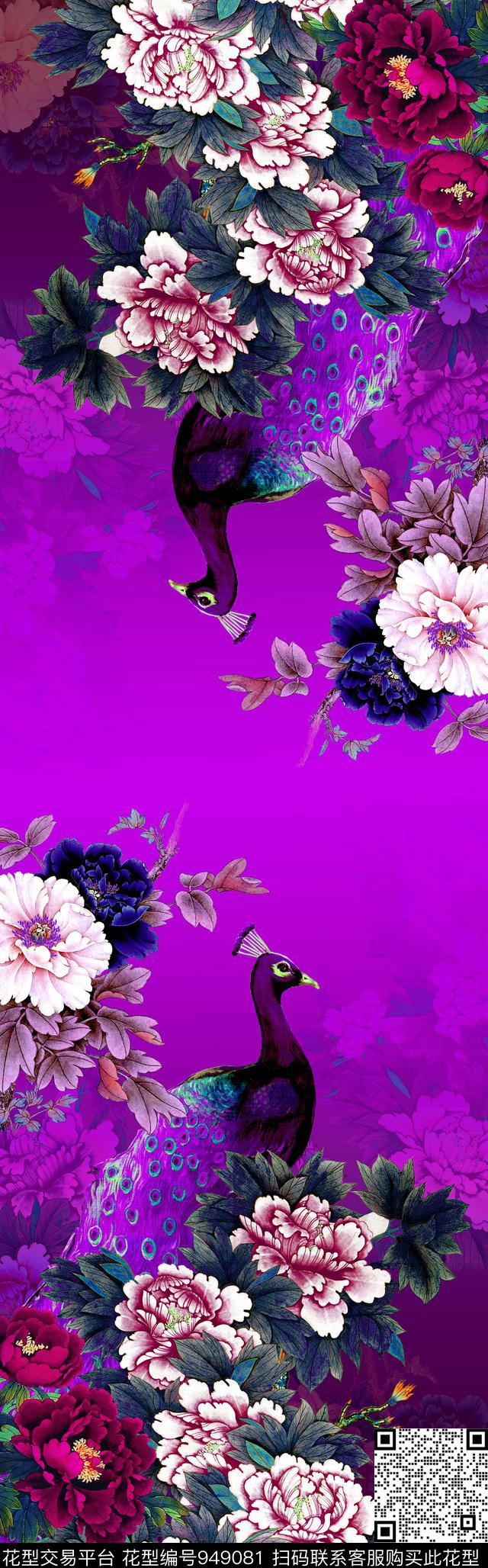 孔雀披肩长巾牡丹数码印花华亿平台下载（图片编号: 949081） - 瓦栏（Walan）