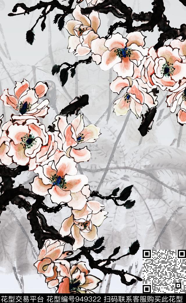 线条花卉中国风手绘大花数码印花华亿平台下载（图片编号: 949322） - 瓦栏（Walan）