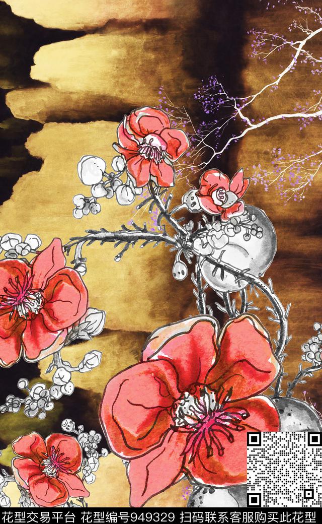 线条花卉数码华亿平台手绘大花数码印花华亿平台下载（图片编号: 949329） - 瓦栏（Walan）