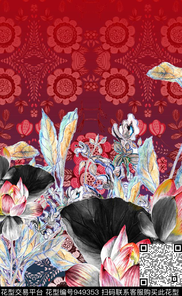 民族风数码华亿平台手绘大花数码印花华亿平台下载（图片编号: 949353） - 瓦栏（Walan）