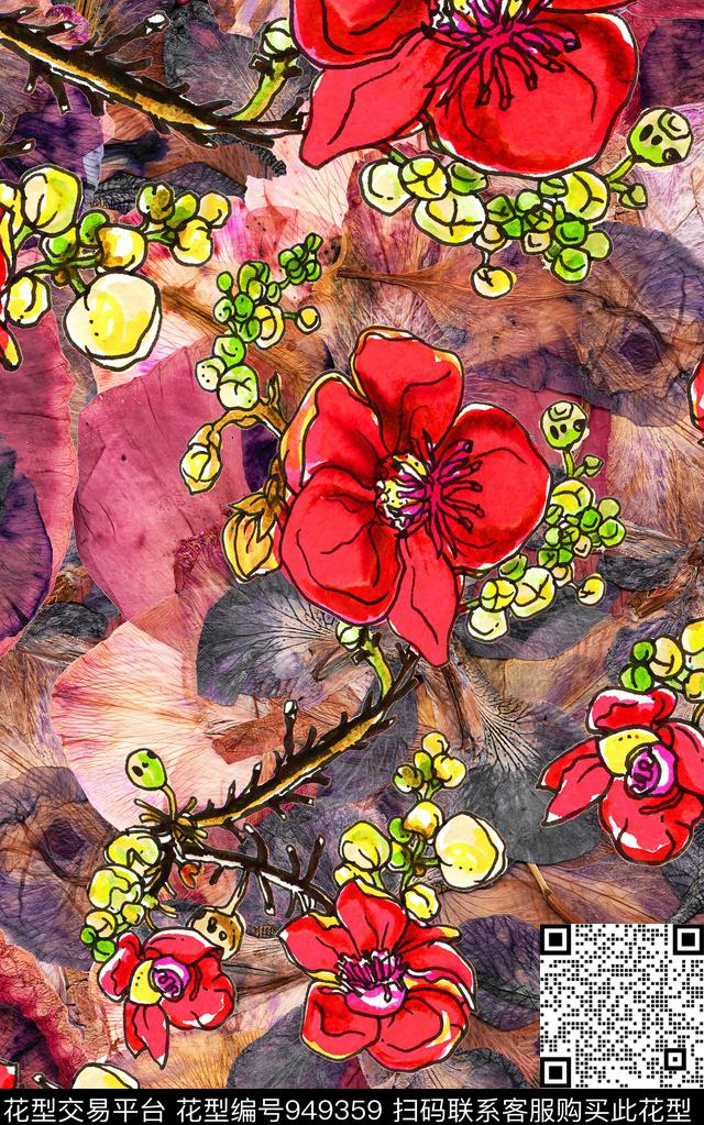 线条花卉数码华亿平台手绘大花数码印花华亿平台下载（图片编号: 949359） - 瓦栏（Walan）