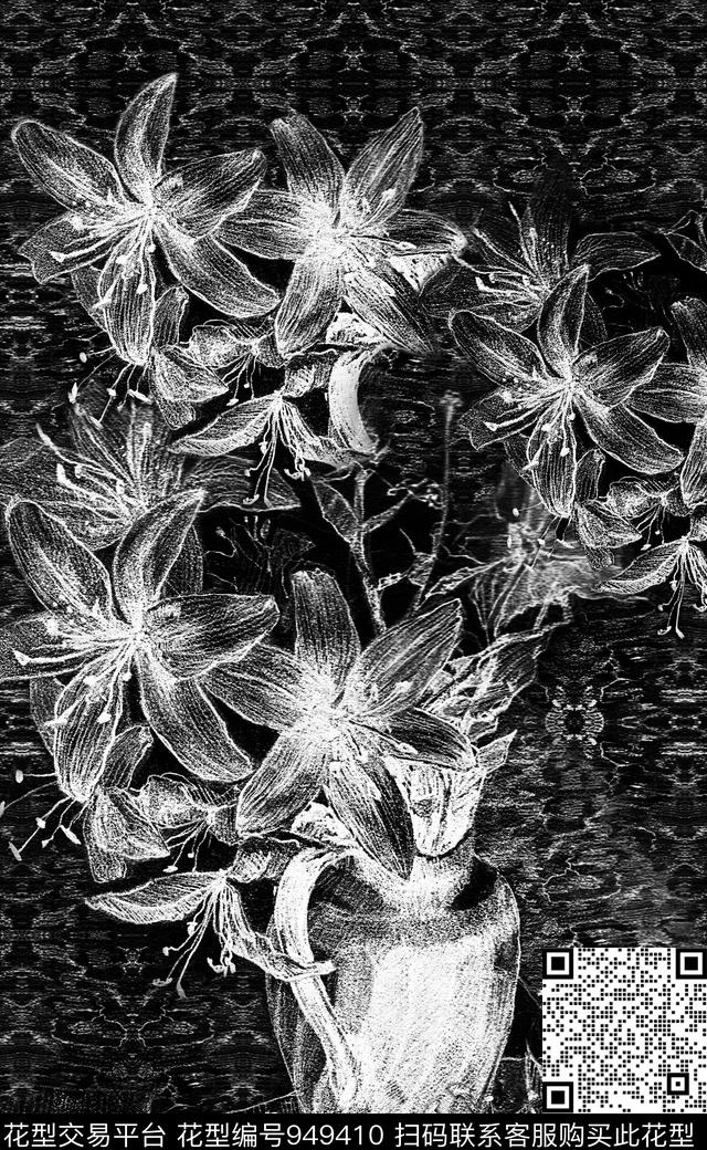 定位花花卉黑白华亿平台数码印花华亿平台下载（图片编号: 949410） - 瓦栏（Walan）