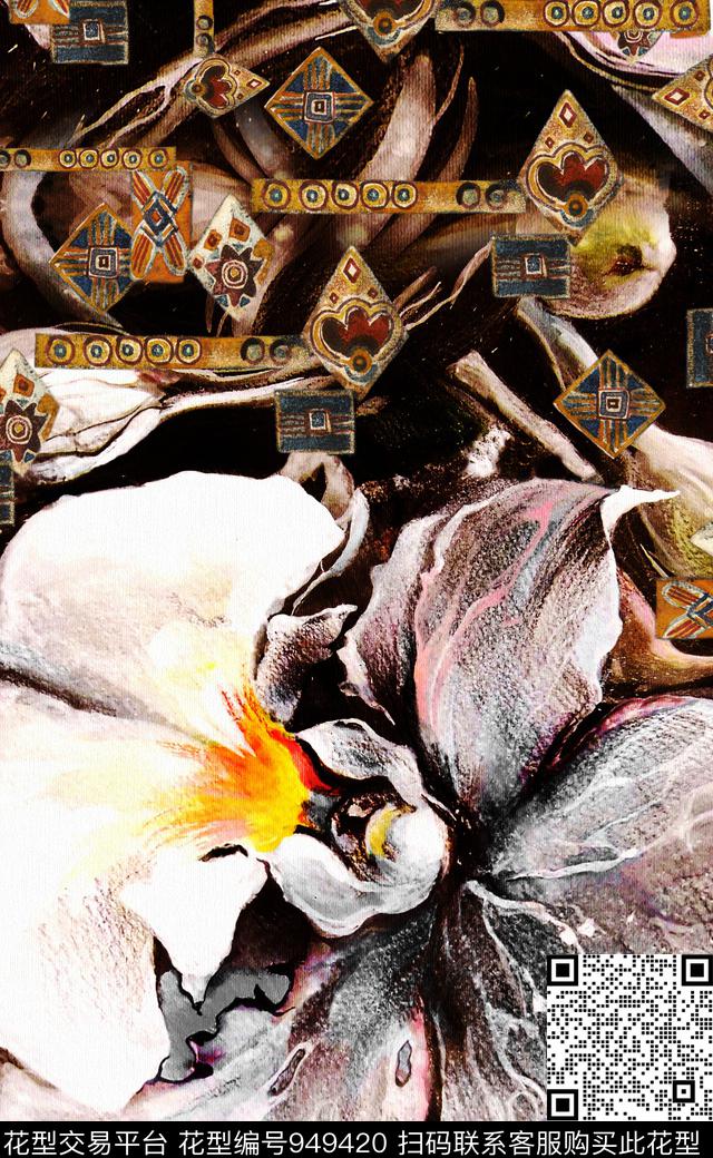 数码华亿平台定位花手绘大花数码印花华亿平台下载（图片编号: 949420） - 瓦栏（Walan）