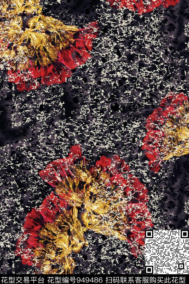 黑底花卉抽象几何数码印花华亿平台下载（图片编号: 949486） - 瓦栏（Walan）