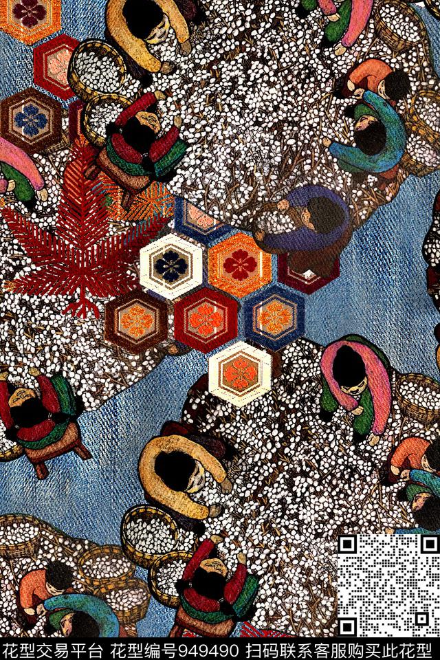 民族风牛仔人物数码印花华亿平台下载（图片编号: 949490） - 瓦栏（Walan）