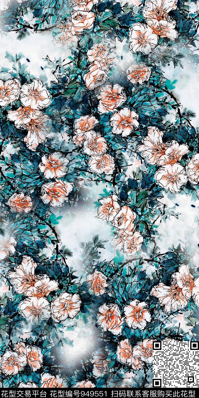 水彩花卉水墨风满版散花数码印花华亿平台下载（图片编号: 949551） - 瓦栏（Walan）