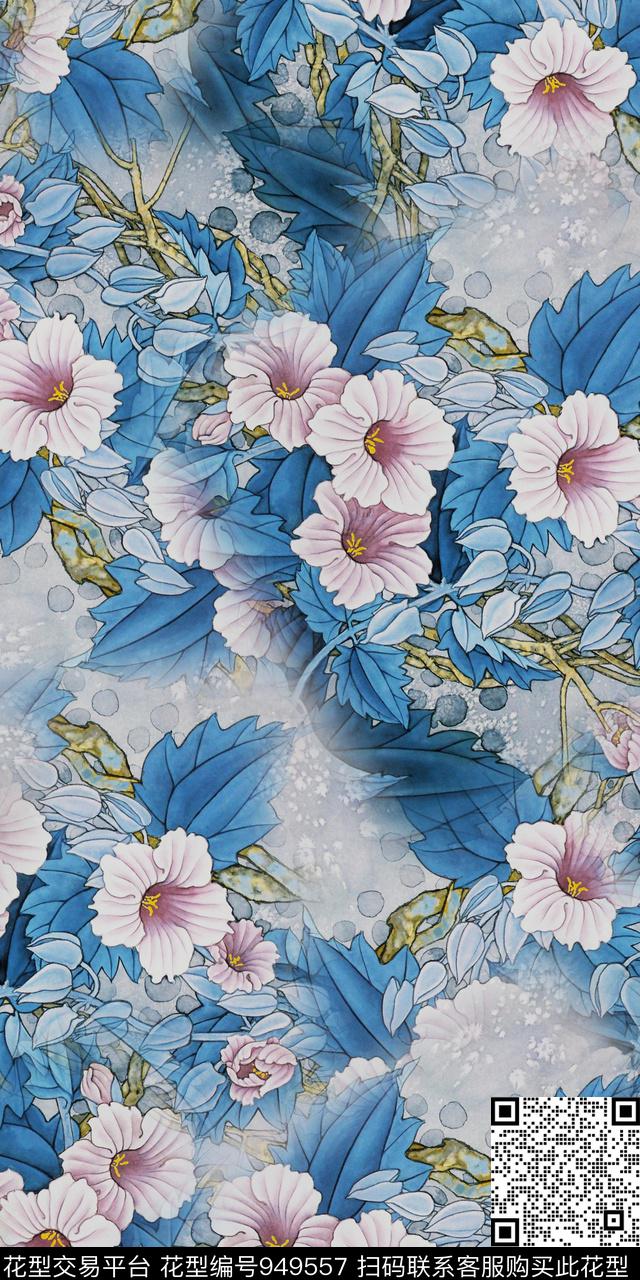 水彩花卉水墨风满版散花数码印花华亿平台下载（图片编号: 949557） - 瓦栏（Walan）