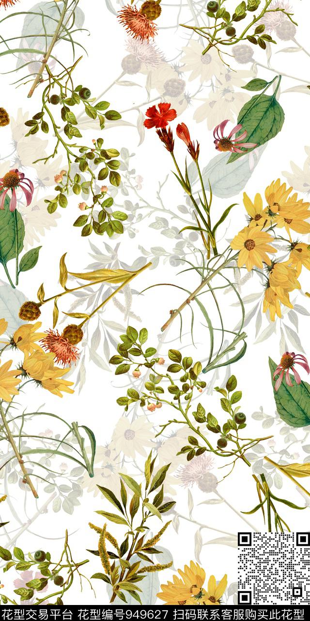 素雅数码华亿平台手绘花卉数码印花华亿平台下载（图片编号: 949627） - 瓦栏（Walan）