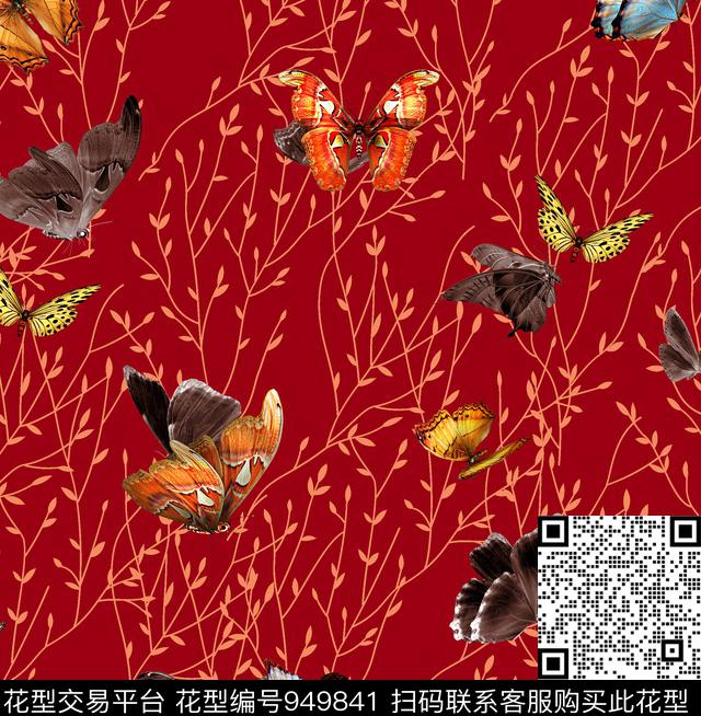 蝴蝶动物树枝树叶数码印花华亿平台下载（图片编号: 949841） - 瓦栏（Walan）