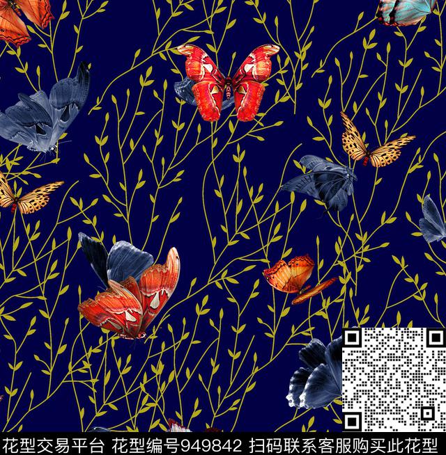 蝴蝶动物树枝树叶数码印花华亿平台下载（图片编号: 949842） - 瓦栏（Walan）