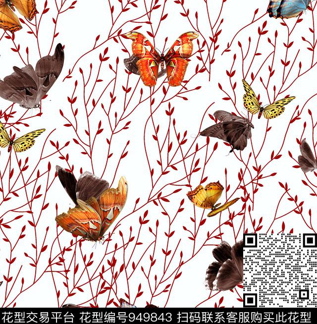 蝴蝶动物树枝树叶数码印花华亿平台下载（图片编号: 949843） - 瓦栏（Walan）