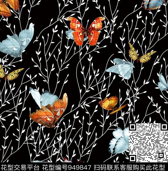 蝴蝶动物树枝树叶数码印花华亿平台下载（图片编号: 949847） - 瓦栏（Walan）