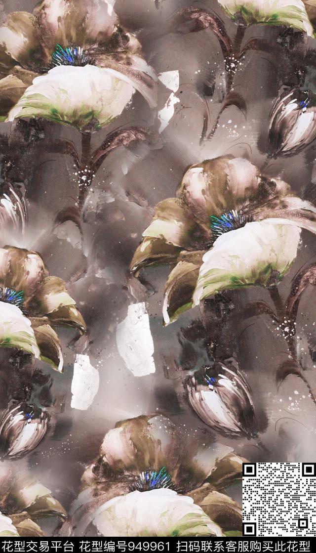 花卉水墨风水彩花卉数码印花华亿平台下载（图片编号: 949961） - 瓦栏（Walan）