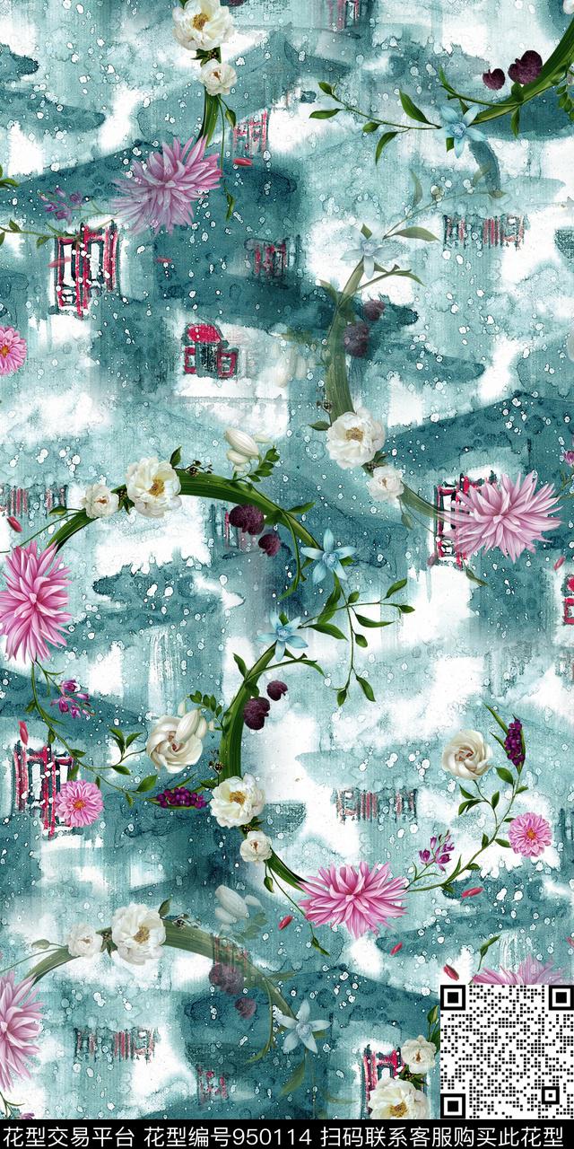 数码华亿平台手绘花卉水墨风数码印花华亿平台下载（图片编号: 950114） - 瓦栏（Walan）