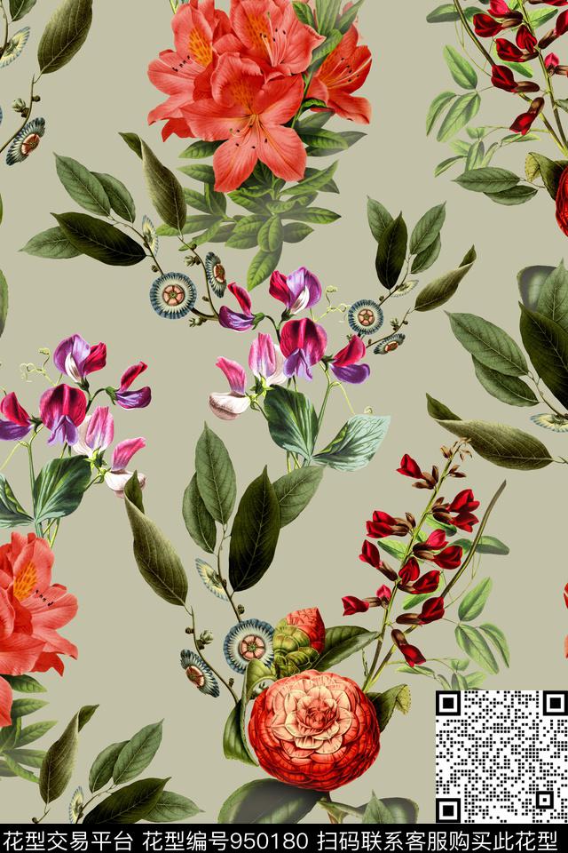 数码华亿平台清爽底花卉大牌风数码印花华亿平台下载（图片编号: 950180） - 瓦栏（Walan）