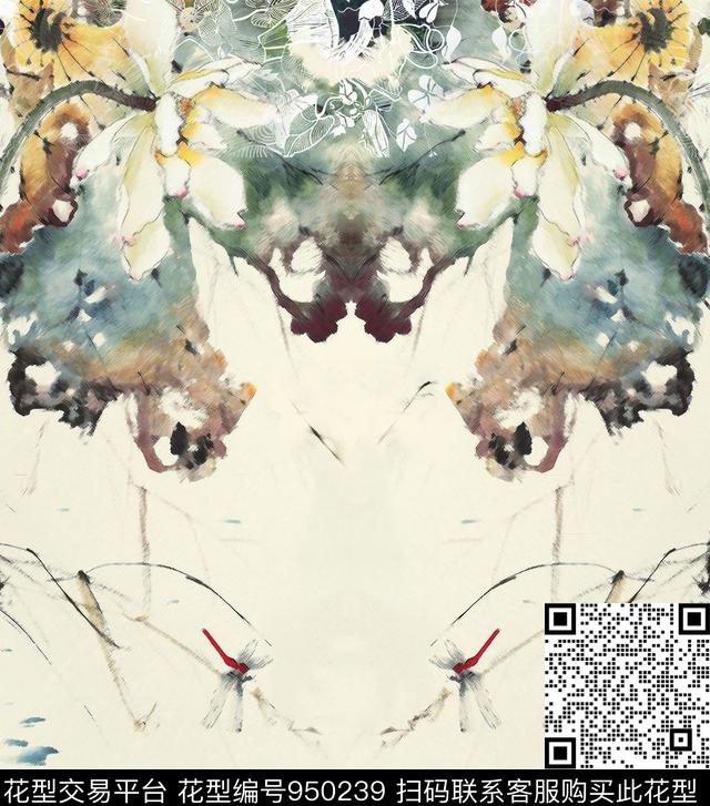 荷花写意中国风数码印花华亿平台下载（图片编号: 950239） - 瓦栏（Walan）