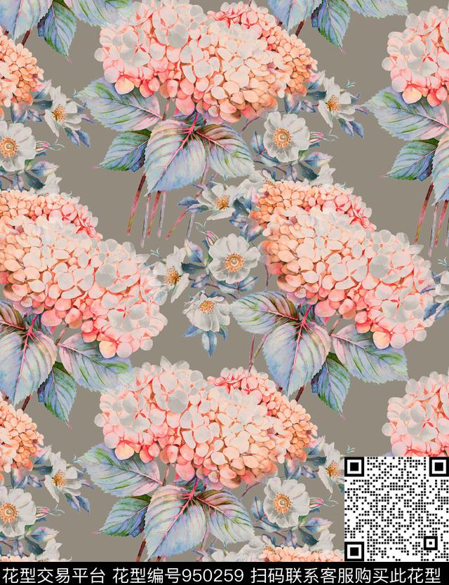 花卉复古手绘花卉数码印花华亿平台下载（图片编号: 950259） - 瓦栏（Walan）