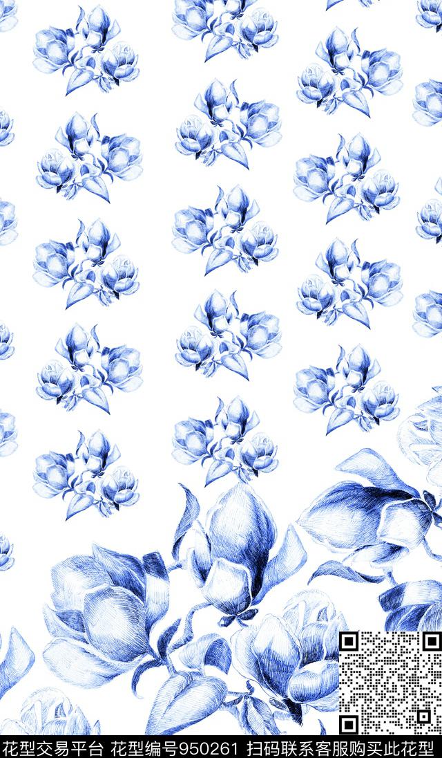 郁金香花卉青花瓷数码印花华亿平台下载（图片编号: 950261） - 瓦栏（Walan）