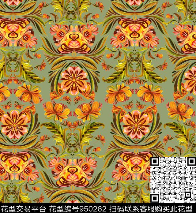 手绘花卉花纹传统纹样数码印花华亿平台下载（图片编号: 950262） - 瓦栏（Walan）