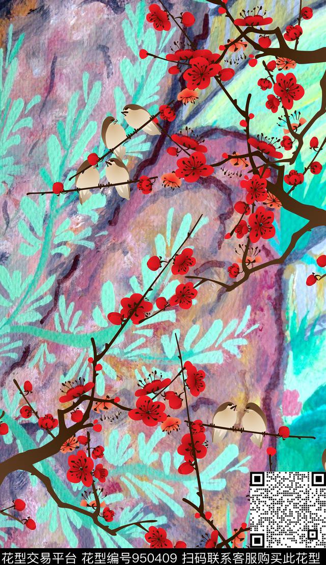 胸前独幅数码华亿平台花卉数码印花华亿平台下载（图片编号: 950409） - 瓦栏（Walan）
