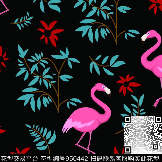 火烈鸟小碎花绿植树叶传统印花华亿平台下载（图片编号: 950442） - 瓦栏（Walan）